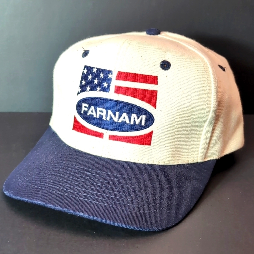 Vintage KC Farnam Men's Blue/Off-White Snapback Trucker Hat.